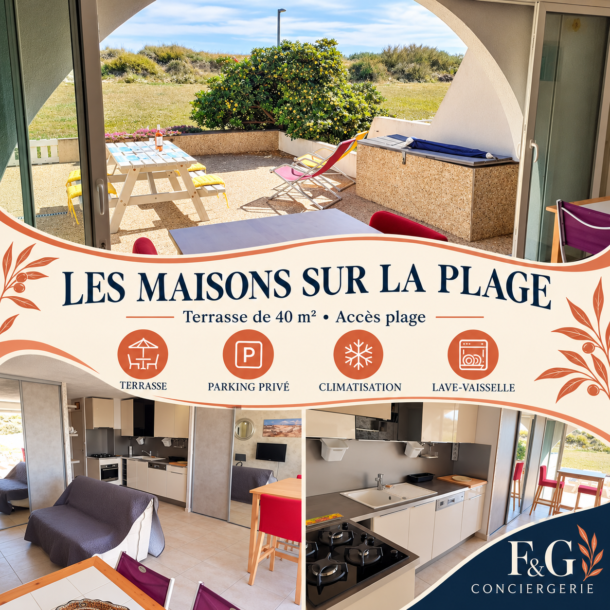 Les Maisons sur la Plage : terrasse de 40 m², séjour et cuisine, avec parking privé et climatisation.