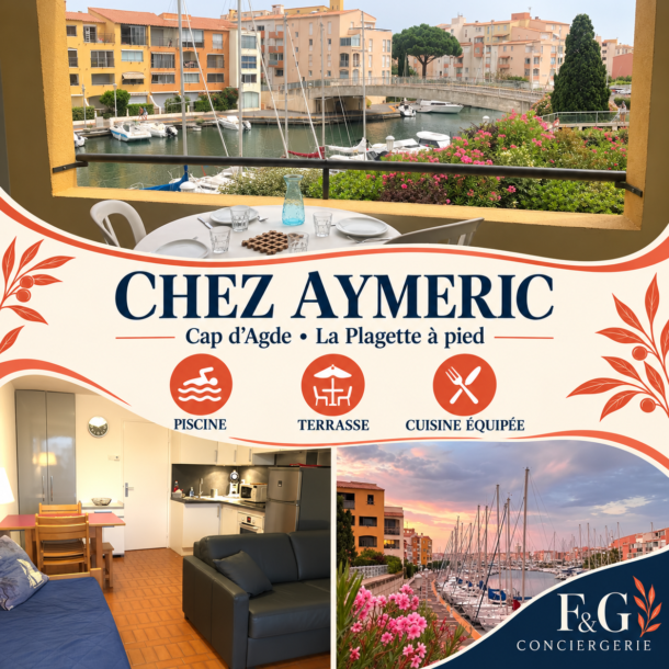 Montage F&G de Chez Aymeric – Vue mer, piscine & terrasse près de La Plagette : trois photos du logement.