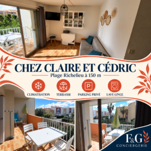 Montage F&G de Chez Claire et Cédric – T2 climatisé à 150 m de la plage : trois photos du logement.