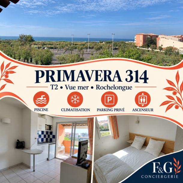 Montage F&G de T2 avec vue mer, piscine & parking à Rochelongue : trois photos du logement.