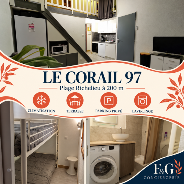 Montage F&G de Le Corail 97 – Terrasse, parking & plage Richelieu : trois photos du logement.