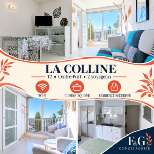Montage F&G de Appartement T2 pour 2 voyageurs au Centre-Port du Cap d’Agde : trois photos du logement.