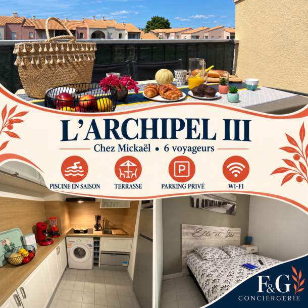 Montage F&G de À Rochelongue, appartement mezzanine 6 voyageurs, piscine & parking : trois photos du logement.